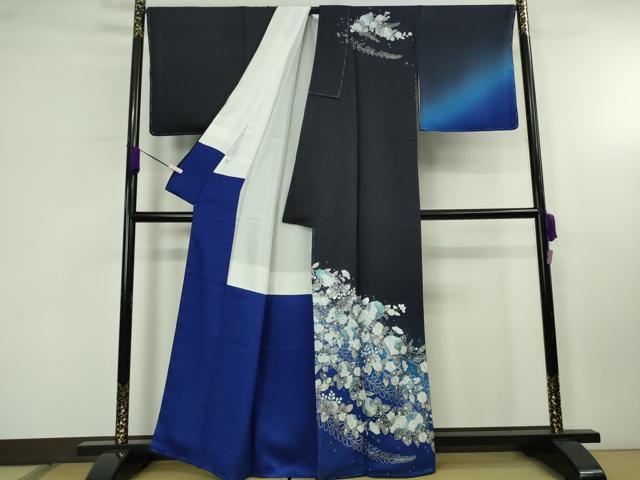平和屋本店●極上　金彩友禅 卓越技能者・名工・和田光正　訪問着　辻が花　椿　桐　鉄紺色地　暈し染め　銀彩　逸品　未使用　DZAB6383kh6