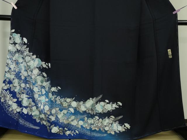 平和屋本店●極上　金彩友禅 卓越技能者・名工・和田光正　訪問着　辻が花　椿　桐　鉄紺色地　暈し染め　銀彩　逸品　未使用　DZAB6383kh6