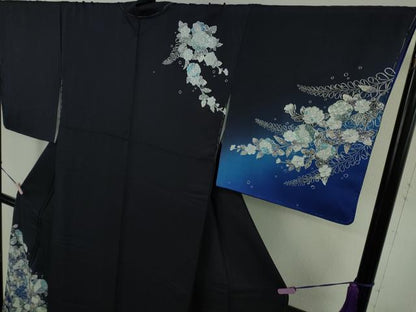 平和屋本店●極上　金彩友禅 卓越技能者・名工・和田光正　訪問着　辻が花　椿　桐　鉄紺色地　暈し染め　銀彩　逸品　未使用　DZAB6383kh6