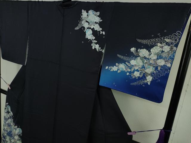 平和屋本店●極上　金彩友禅 卓越技能者・名工・和田光正　訪問着　辻が花　椿　桐　鉄紺色地　暈し染め　銀彩　逸品　未使用　DZAB6383kh6