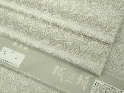 平和屋本店●希少　本場筑前博多織　大倉織物　誠之輔　お召　草木染　立涌文様　砂色地　反端付き　逸品　未使用　DZAC0358kh6