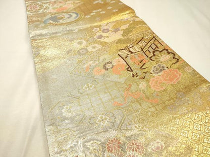 平和屋着物▼佐賀錦　六通柄袋帯　地紙御所車花文　金銀糸　正絹　逸品　未使用　DABJ7194fe