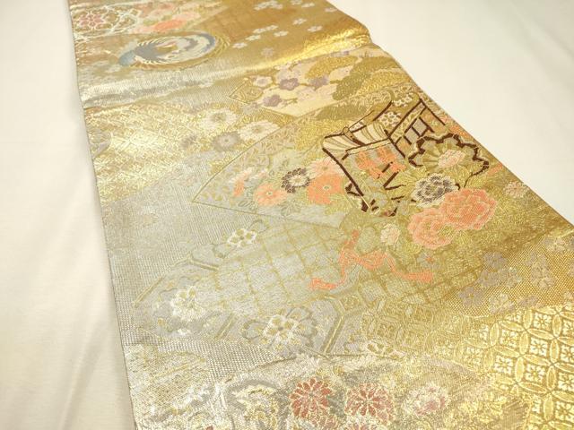 平和屋着物▼佐賀錦　六通柄袋帯　地紙御所車花文　金銀糸　正絹　逸品　未使用　DABJ7194fe