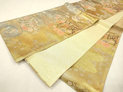 平和屋着物▼佐賀錦　六通柄袋帯　地紙御所車花文　金銀糸　正絹　逸品　未使用　DABJ7194fe