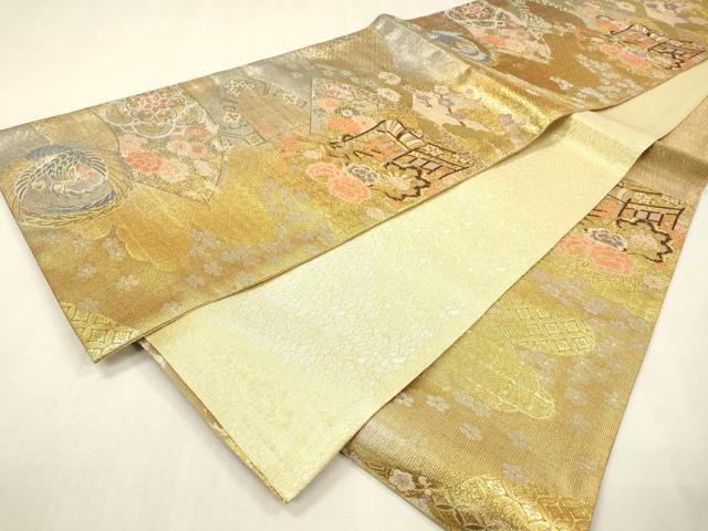 平和屋着物▼佐賀錦　六通柄袋帯　地紙御所車花文　金銀糸　正絹　逸品　未使用　DABJ7194fe
