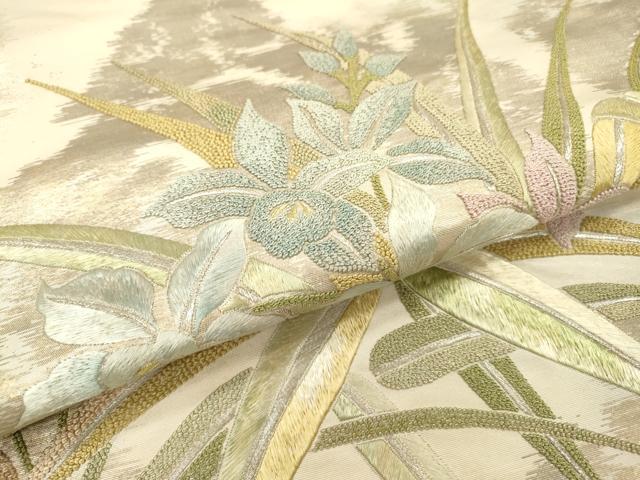 平和屋着物▼中国三大刺繍　相良刺繍　総刺繍　太鼓柄袋帯　草花　金銀糸　正絹　逸品　DABJ7176fe