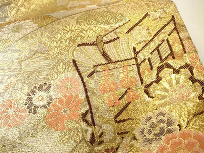 平和屋着物▼佐賀錦　六通柄袋帯　地紙御所車花文　金銀糸　正絹　逸品　未使用　DABJ7194fe