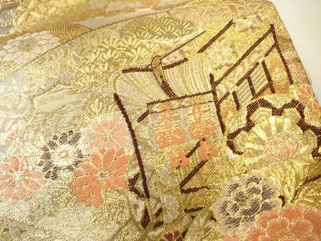 平和屋着物▼佐賀錦　六通柄袋帯　地紙御所車花文　金銀糸　正絹　逸品　未使用　DABJ7194fe
