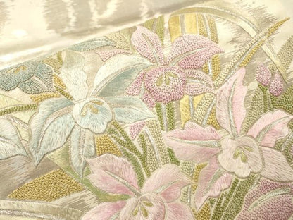 平和屋着物▼中国三大刺繍　相良刺繍　総刺繍　太鼓柄袋帯　草花　金銀糸　正絹　逸品　DABJ7176fe