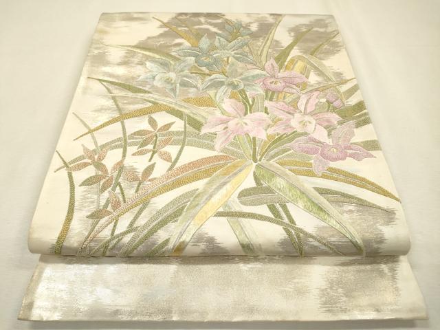 平和屋着物▼中国三大刺繍　相良刺繍　総刺繍　太鼓柄袋帯　草花　金銀糸　正絹　逸品　DABJ7176fe