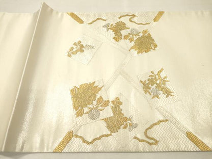 平和屋着物▼中国三大刺繍　蘇州刺繍　総刺繍　太鼓柄袋帯　雪英導　色紙重ね花文　金銀糸　正絹　逸品　未使用　DABJ7197fe