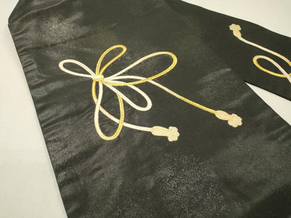 平和屋着物▼九寸名古屋帯　総刺繍　結び紐文　黒地　金糸　正絹　逸品　DABJ7203fe