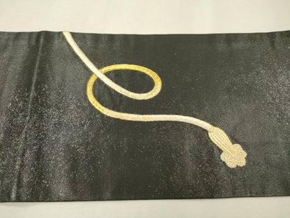 平和屋着物▼九寸名古屋帯　総刺繍　結び紐文　黒地　金糸　正絹　逸品　DABJ7203fe
