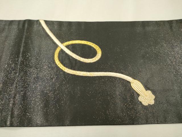 平和屋着物▼九寸名古屋帯　総刺繍　結び紐文　黒地　金糸　正絹　逸品　DABJ7203fe