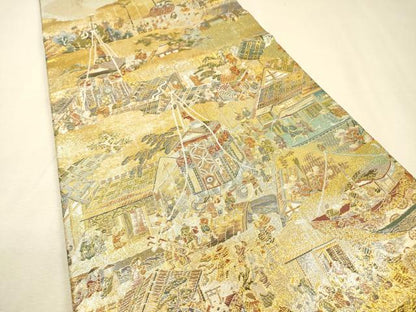 平和屋本店▼丸帯　洛中洛外祭礼図　本金箔一千八百全通　正絹　逸品　DABJ7210fe