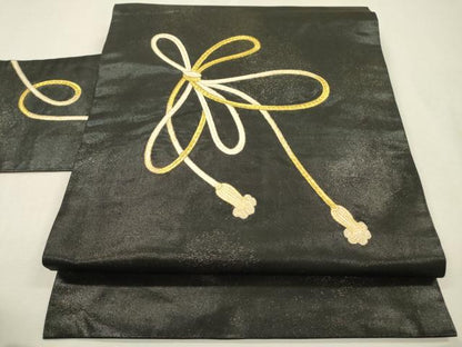 平和屋着物▼九寸名古屋帯　総刺繍　結び紐文　黒地　金糸　正絹　逸品　DABJ7203fe