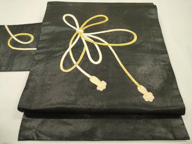 平和屋着物▼九寸名古屋帯　総刺繍　結び紐文　黒地　金糸　正絹　逸品　DABJ7203fe