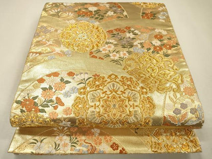 平和屋着物▼六通柄袋帯　唐織　正倉院青海波花文　金糸　正絹　逸品　DABJ7251fe