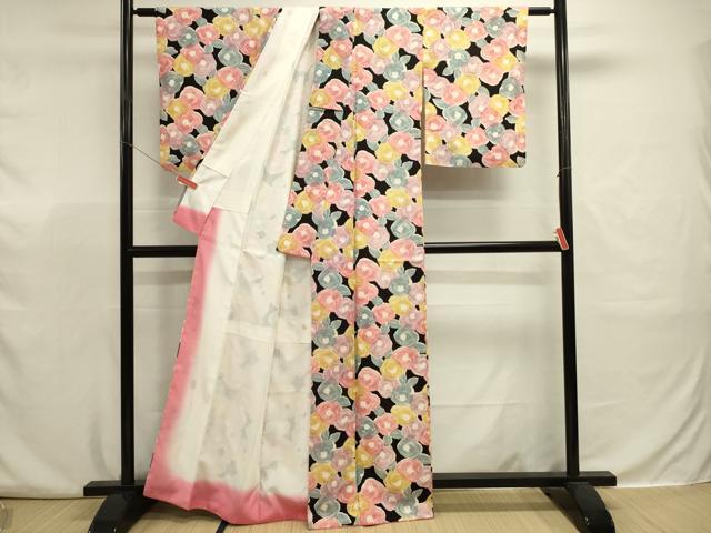 平和屋着物■上質な小紋　薔薇尽くし　バラ　黒地　正絹　逸品　DABJ9357ya