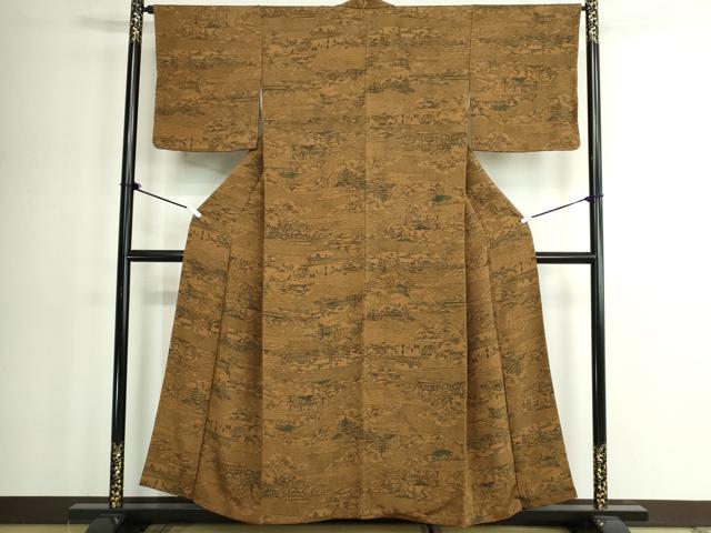 平和屋着物■上質な小紋　型染め　人物風景文　鬼しぼ縮緬　正絹　逸品　DABK1320cd