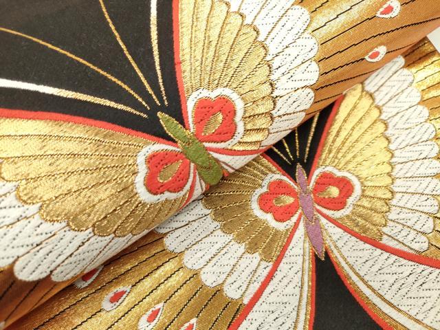 平和屋着物[]女の子　子供　全通柄袋帯　唐織　舞蝶文　黒地　金糸　逸品　DABJ3328ea
