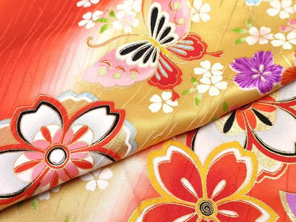 平和屋着物[]七五三　女の子　７歳　祝着　四つ身　袋帯・小物セット　花蝶文　暈し染め　金彩　逸品　DABG3502ma
