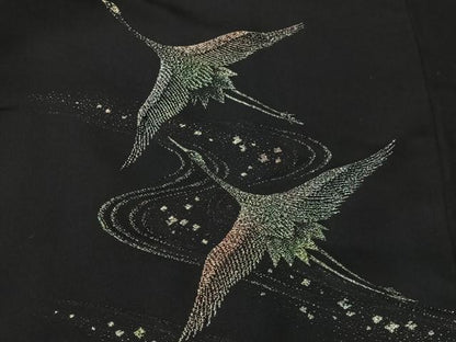 平和屋着物＃羽織　寿光織　流水飛鶴文　黒地　金銀糸　正絹　逸品　CABM6417ua