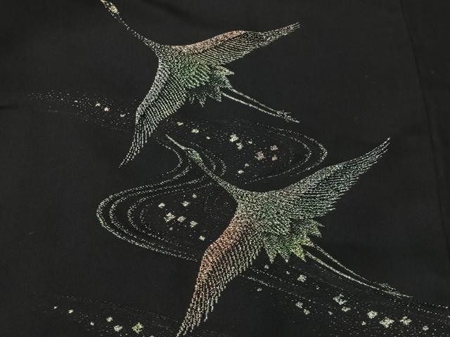 平和屋着物＃羽織　寿光織　流水飛鶴文　黒地　金銀糸　正絹　逸品　CABM6417ua