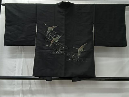 平和屋着物＃羽織　寿光織　流水飛鶴文　黒地　金銀糸　正絹　逸品　CABM6417ua