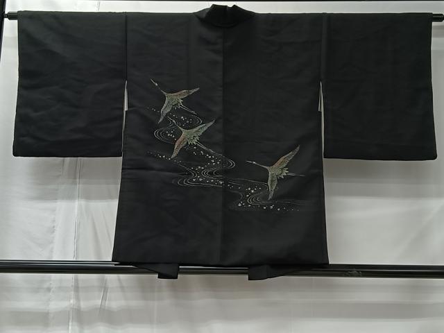 平和屋着物＃羽織　寿光織　流水飛鶴文　黒地　金銀糸　正絹　逸品　CABM6417ua