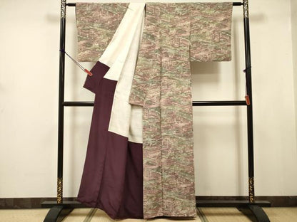 平和屋着物■上質な小紋　風景人物文　鬼しぼ縮緬　正絹　逸品　DABJ9396ya
