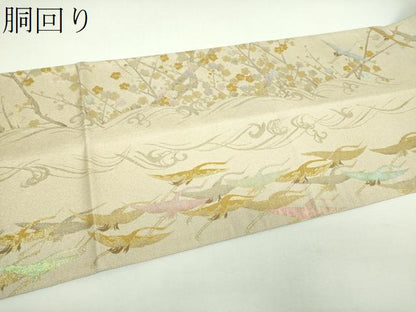 平和屋着物▼全景全通柄袋帯　群れ鶴　立波梅文　金糸　正絹　逸品　DABJ8316ps