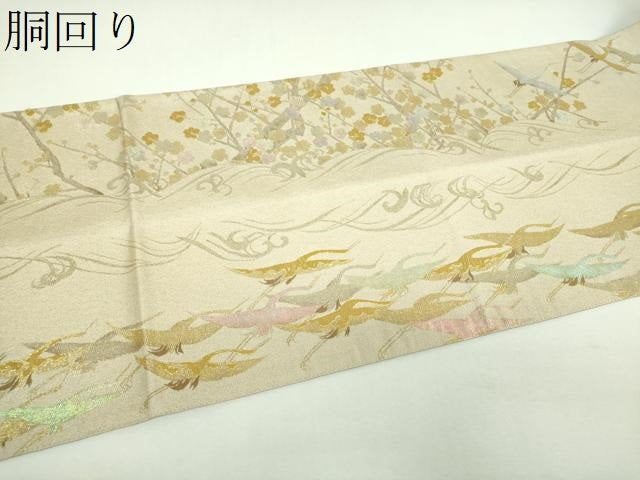 平和屋着物▼全景全通柄袋帯　群れ鶴　立波梅文　金糸　正絹　逸品　DABJ8316ps