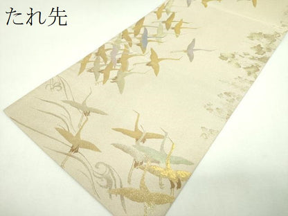 平和屋着物▼全景全通柄袋帯　群れ鶴　立波梅文　金糸　正絹　逸品　DABJ8316ps