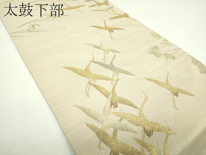平和屋着物▼全景全通柄袋帯　群れ鶴　立波梅文　金糸　正絹　逸品　DABJ8316ps