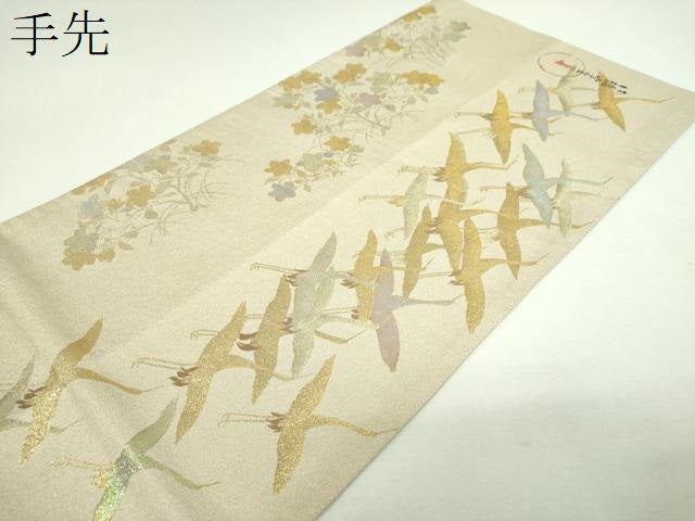 平和屋着物▼全景全通柄袋帯　群れ鶴　立波梅文　金糸　正絹　逸品　DABJ8316ps