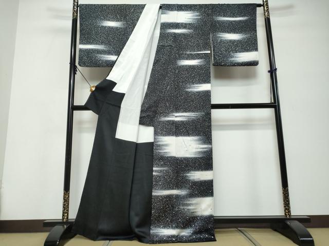 平和屋着物●訪問着　刺繍　箔散らし文　黒地　銀彩　正絹　逸品　DABK0329ud