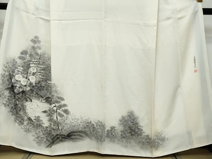 平和屋着物●訪問着　水墨書乃美　風景飛鳥花文　暈し染め　銀彩　正絹　逸品　DABK0423ud