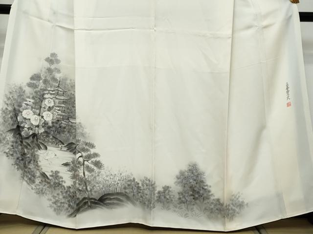 平和屋着物●訪問着　水墨書乃美　風景飛鳥花文　暈し染め　銀彩　正絹　逸品　DABK0423ud