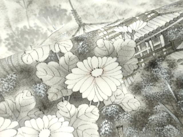 平和屋着物●訪問着　水墨書乃美　風景飛鳥花文　暈し染め　銀彩　正絹　逸品　DABK0423ud