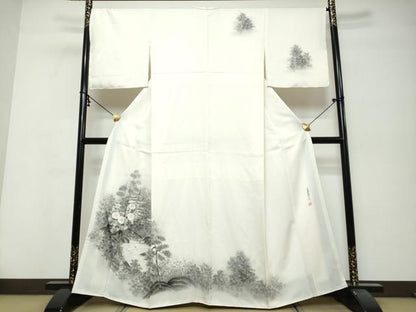 平和屋着物●訪問着　水墨書乃美　風景飛鳥花文　暈し染め　銀彩　正絹　逸品　DABK0423ud