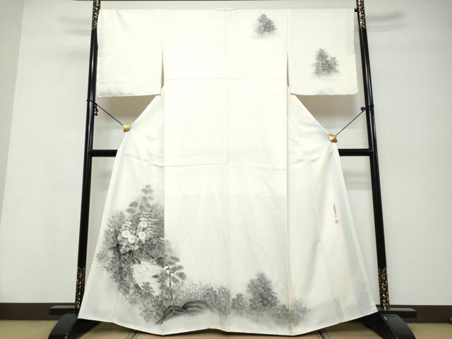 平和屋着物●訪問着　水墨書乃美　風景飛鳥花文　暈し染め　銀彩　正絹　逸品　DABK0423ud