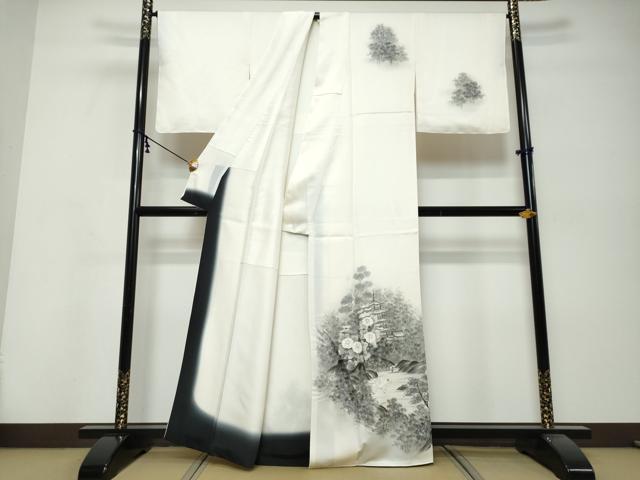 平和屋着物●訪問着　水墨書乃美　風景飛鳥花文　暈し染め　銀彩　正絹　逸品　DABK0423ud