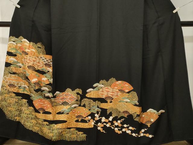 平和屋着物■豪華黒留袖　駒刺繍　松竹梅扇面双鶴花文　金彩　正絹　逸品　CABM1762ev