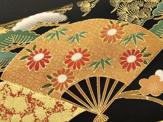 平和屋着物■豪華黒留袖　駒刺繍　松竹梅扇面双鶴花文　金彩　正絹　逸品　CABM1762ev