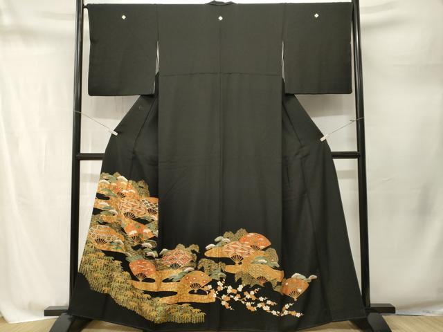平和屋着物■豪華黒留袖　駒刺繍　松竹梅扇面双鶴花文　金彩　正絹　逸品　CABM1762ev