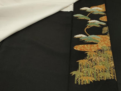 平和屋着物■豪華黒留袖　駒刺繍　松竹梅扇面双鶴花文　金彩　正絹　逸品　CABM1762ev