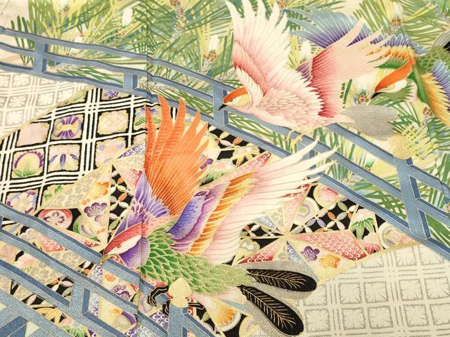平和屋着物■豪華振袖　刺繍　渡り橋雀吉祥松葉文　暈し染め　金銀彩　正絹　逸品　CABM1784ev