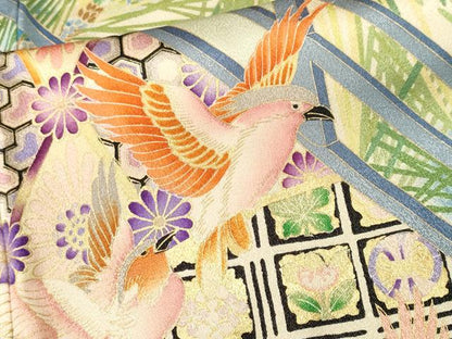 平和屋着物■豪華振袖　刺繍　渡り橋雀吉祥松葉文　暈し染め　金銀彩　正絹　逸品　CABM1784ev