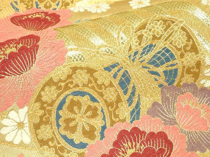 平和屋着物▼六通柄袋帯　鼓花蝶文　金糸　正絹　逸品　DABJ1961az